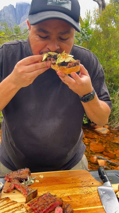 T-Bone steak, creamy chimichurri and avo sourdough toast. Riverside, a steak in hand, just you and y