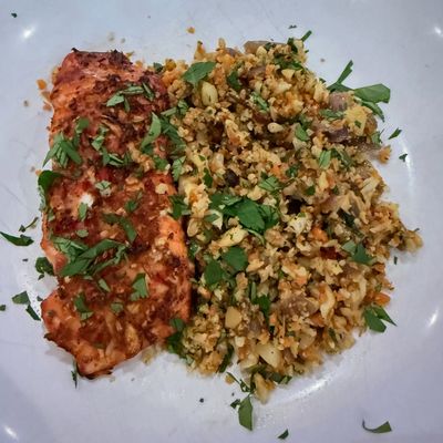 This was really tasty! Dinner on Sunday. P3W2D1: Salmon marinated in Tamari, EVOO, lots of finely ch
