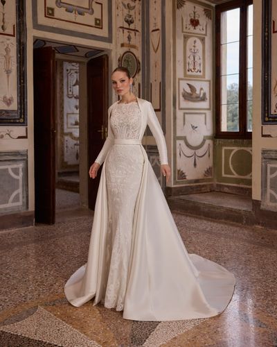 Ronald Joyce 69717 lace applique A-line wedding dress with high